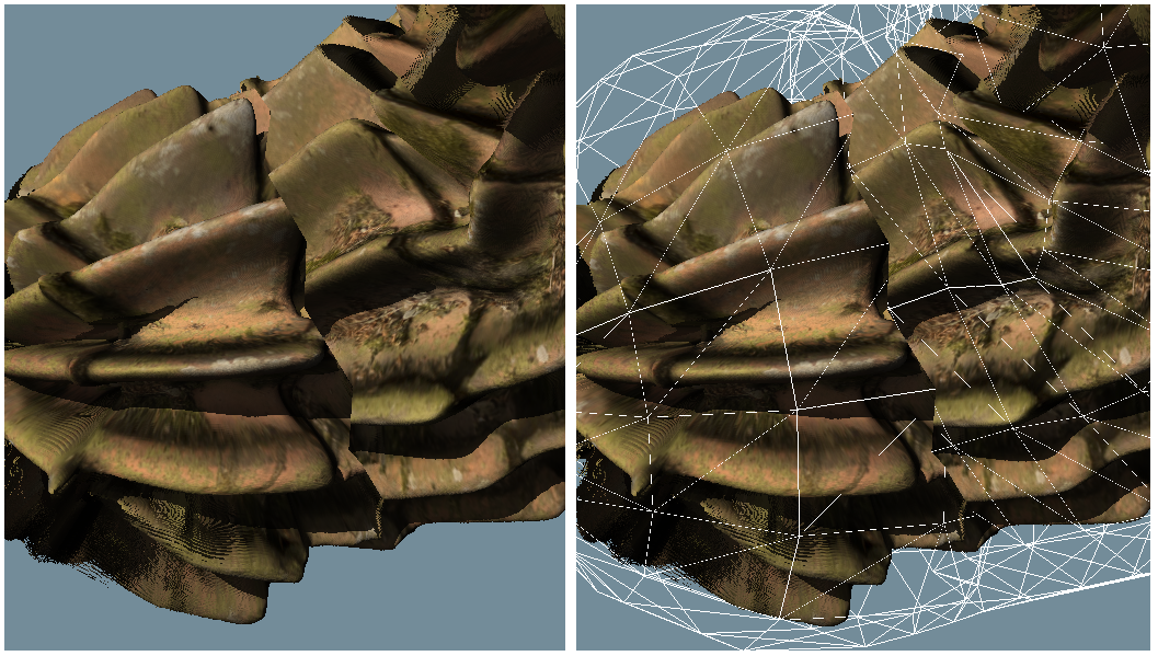 Another view of the elbow, showing the visual discontinuity on left, caused by rays approaching from different sides of the self-intersection. The right side overlays the rendered mesh, showing how the Z buffer attempted to resolve the self-intersection